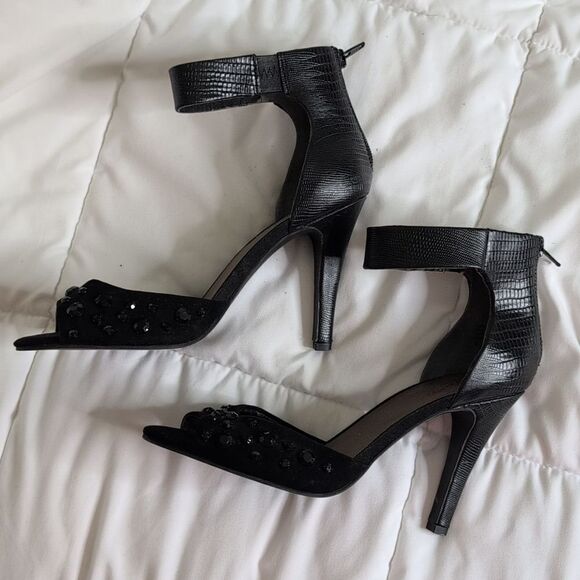 Seychelles size 8 Black Rhinestone Open Toe Heels with Ankle Strap - Picture 2 of 14